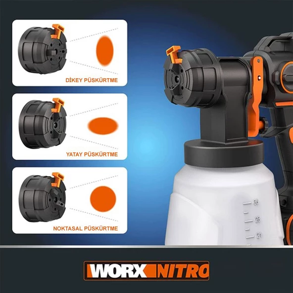 WORX WX020.9 20Volt Kömürsüz Devir Ayarlı Boya Tabancası + 4 Parça Yedek Nozul/Meme (Akü Dahil Değildir) - 11