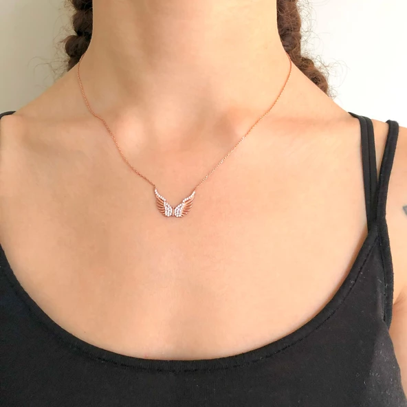Melek Kanatlı Zirkon Taşlı Rose Gümüş Kolye GK-203 - 2