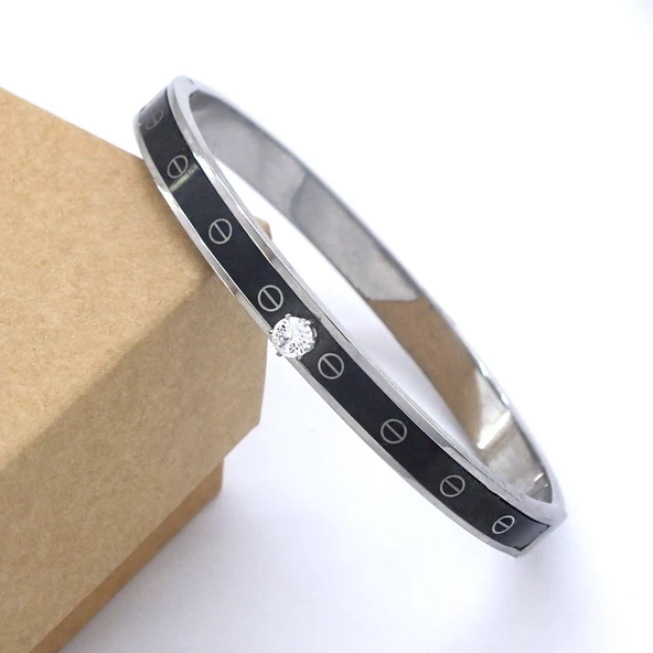 Çelik Kelepçe Bileklik Tek Taşlı Siyah Şerit BLZ-480 - Resim 6