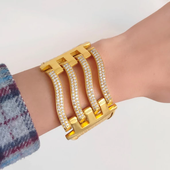 Kaburga Bilezik 22 Ayar Altın Kaplama 4 Sıra Kelepçe KB-124 - Resim 5