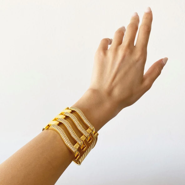 Kaburga Bilezik 22 Ayar Altın Kaplama 4 Sıra Kelepçe KB-124 - Resim 2