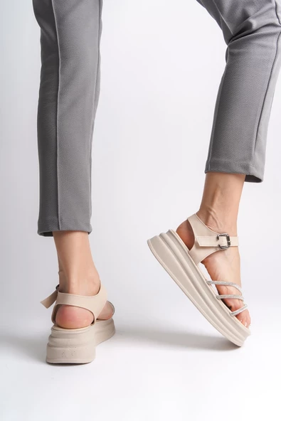 EVA Kalın Tokalı Taşlı Şeritli Ortopedik Taban Kadın Sandalet KT Krem - 3