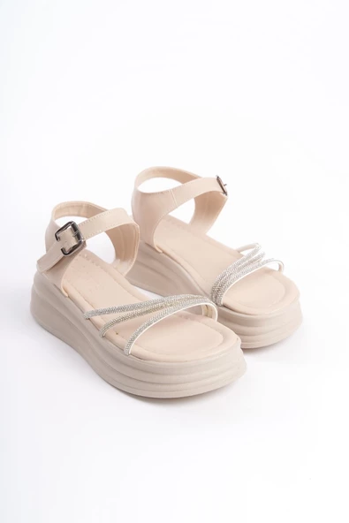 EVA Kalın Tokalı Taşlı Şeritli Ortopedik Taban Kadın Sandalet KT Krem - 4