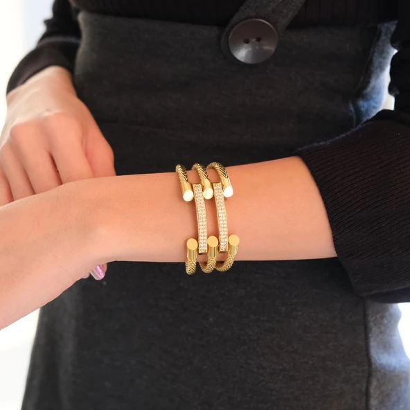 Kaburga Bilezik 22 Ayar Altın Kaplama 2 Sıra Kelepçe KB-117 - Resim 2