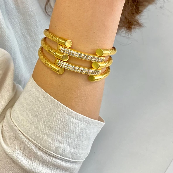 Kaburga Bilezik 22 Ayar Altın Kaplama 2 Sıra Kelepçe KB-117 - Resim 4