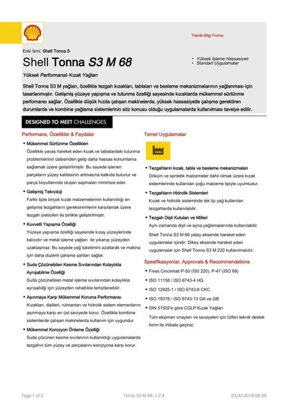 AÇIK-SHELL TONNA S3 M 68 KIZAK YAĞI - 1 LİTRE - Resim 2