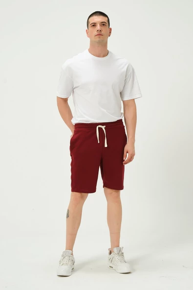 Erkek Regular Fit 3 İplik Kumaş Şort Bordo - 2