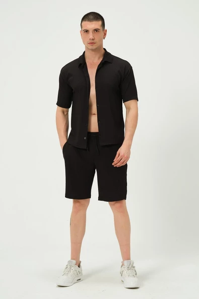 Erkek Crinkle Kumaş Regular Fit Şort Siyah - 2