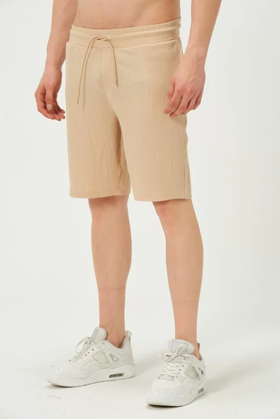 Erkek Crinkle Kumaş Regular Fit Şort Bej - 3