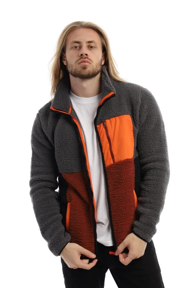 Erkek Fermuarlı Dik Yaka Parçalı Polar Ceket Gri ürün görseli 1