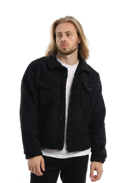 Erkek Oversize Çıt Çıt Kapamalı Cepli Siyah Peluş Ceket - 9