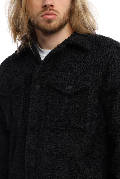 Erkek Oversize Çıt Çıt Kapamalı Cepli Siyah Peluş Ceket - 9
