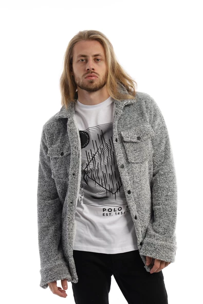 Erkek Oversize Çıt Çıt Kapamalı Cepli Peluş Gri Melanj Ceket - 6