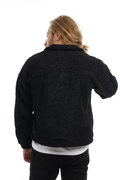 Erkek Oversize Çıt Çıt Kapamalı Cepli Siyah Peluş Ceket - 11