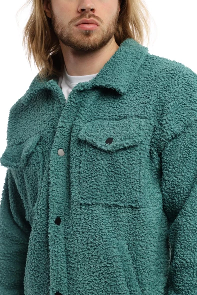 Erkek Oversize Çıt Çıt Kapamalı Cepli Petrol Peluş Ceket - 3