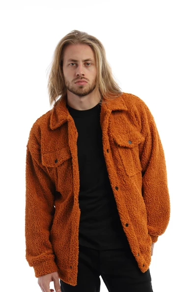 Erkek Oversize Çıt Çıt Kapamalı Cepli Tarçın Peluş Ceket - 11