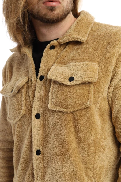 Erkek Oversize Çıt Çıt Kapamalı Cepli Peluş Kahverengi Ceket - 11