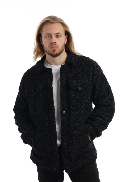 Erkek Oversize Çıt Çıt Kapamalı Cepli Siyah Peluş Ceket - 6