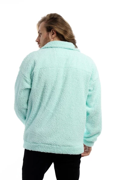 Erkek Oversize Çıt Çıt Kapamalı Cepli Mint Peluş Ceket - 5