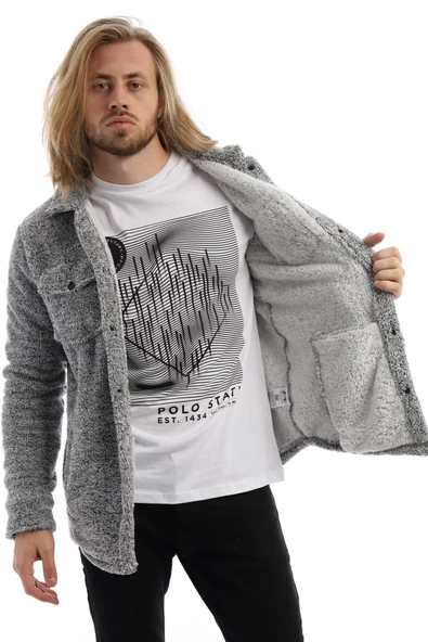 Erkek Oversize Çıt Çıt Kapamalı Cepli Peluş Gri Melanj Ceket - 8