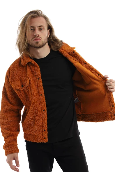 Erkek Oversize Çıt Çıt Kapamalı Cepli Tarçın Peluş Ceket - 12