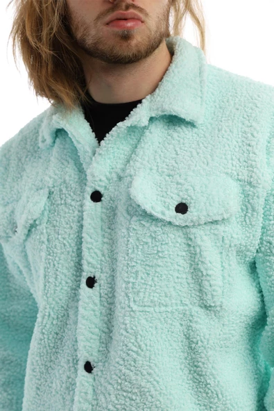 Erkek Oversize Çıt Çıt Kapamalı Cepli Mint Peluş Ceket - 4
