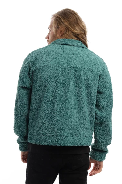 Erkek Oversize Çıt Çıt Kapamalı Cepli Petrol Peluş Ceket - 5
