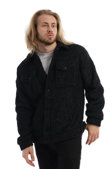 Erkek Oversize Çıt Çıt Kapamalı Cepli Siyah Peluş Ceket - 3