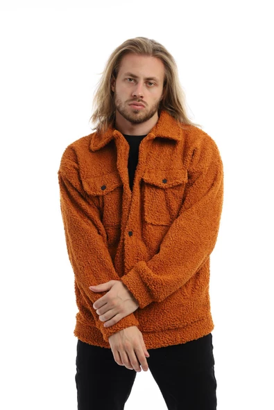 Erkek Oversize Çıt Çıt Kapamalı Cepli Tarçın Peluş Ceket - 2