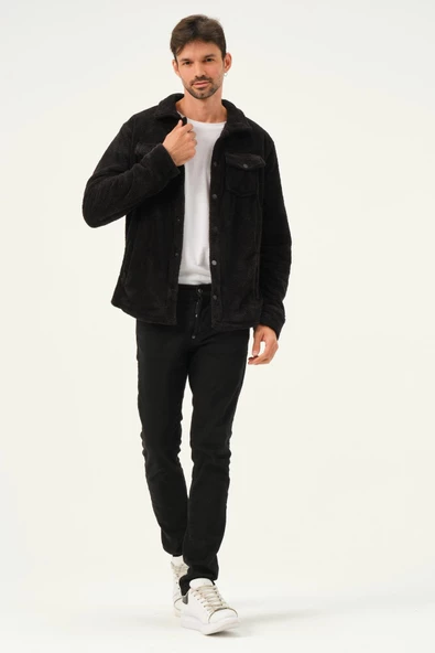 Erkek Oversize Çıt Çıt Kapamalı Cepli Peluş Siyah Ceket - 10