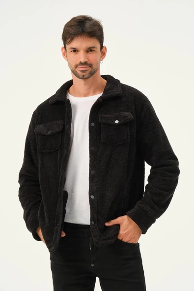 Erkek Oversize Çıt Çıt Kapamalı Cepli Peluş Siyah Ceket - 9