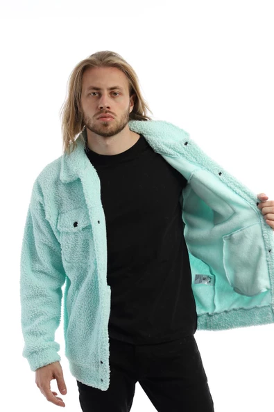 Erkek Oversize Çıt Çıt Kapamalı Cepli Mint Peluş Ceket - 7