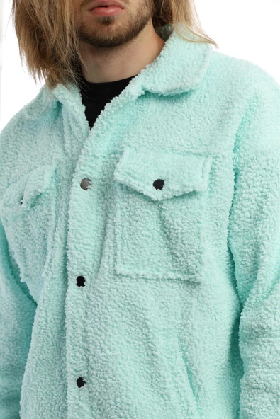 Erkek Oversize Çıt Çıt Kapamalı Cepli Mint Peluş Ceket - 9