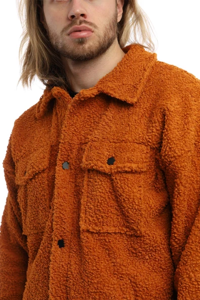 Erkek Oversize Çıt Çıt Kapamalı Cepli Tarçın Peluş Ceket - 4