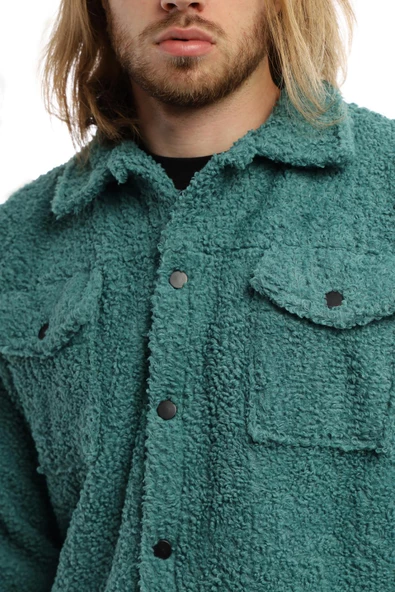 Erkek Oversize Çıt Çıt Kapamalı Cepli Petrol Peluş Ceket - 9