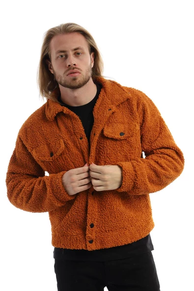 Erkek Oversize Çıt Çıt Kapamalı Cepli Tarçın Peluş Ceket - 11