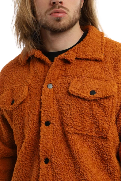 Erkek Oversize Çıt Çıt Kapamalı Cepli Tarçın Peluş Ceket - 4