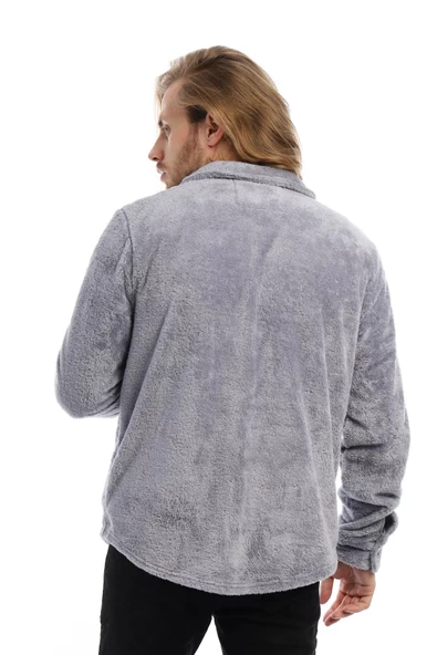 Erkek Oversize Çıt Çıt Kapamalı Cepli Peluş Gri Ceket - 5