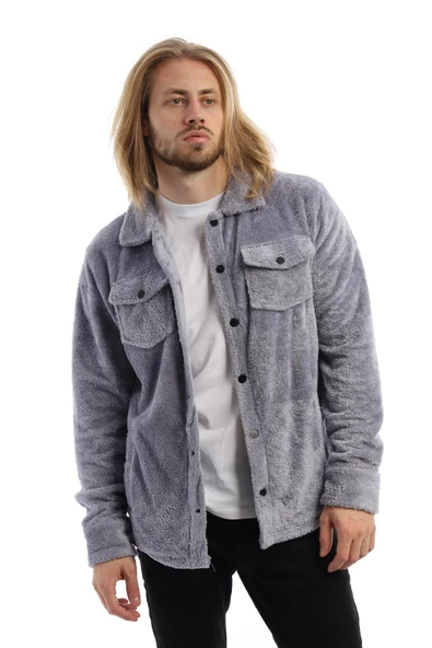 Erkek Oversize Çıt Çıt Kapamalı Cepli Peluş Gri Ceket - 6
