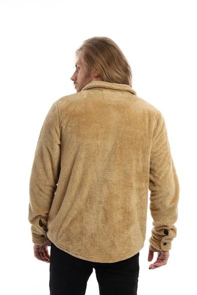 Erkek Oversize Çıt Çıt Kapamalı Cepli Peluş Kahverengi Ceket - 12