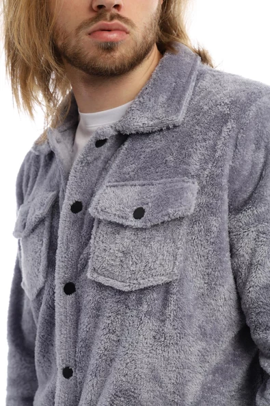 Erkek Oversize Çıt Çıt Kapamalı Cepli Peluş Gri Ceket - 4