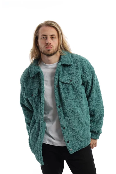 Erkek Oversize Çıt Çıt Kapamalı Cepli Petrol Peluş Ceket - 5