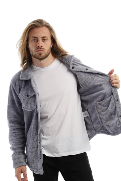 Erkek Oversize Çıt Çıt Kapamalı Cepli Peluş Gri Ceket - 3