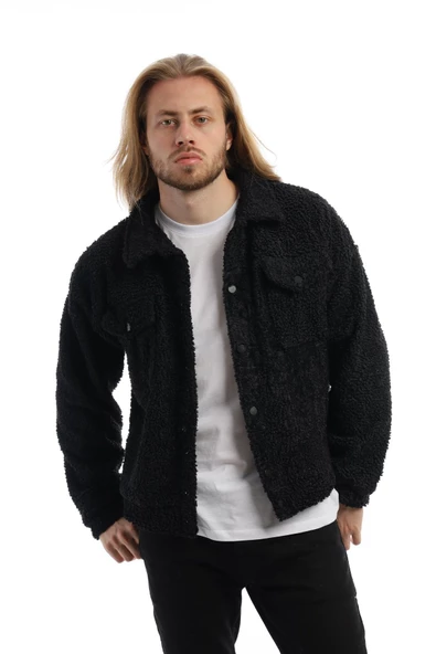 Erkek Oversize Çıt Çıt Kapamalı Cepli Siyah Peluş Ceket - 5