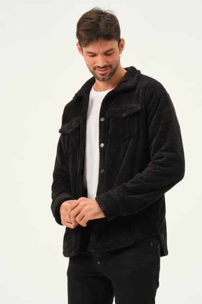 Erkek Oversize Çıt Çıt Kapamalı Cepli Peluş Siyah Ceket - 3