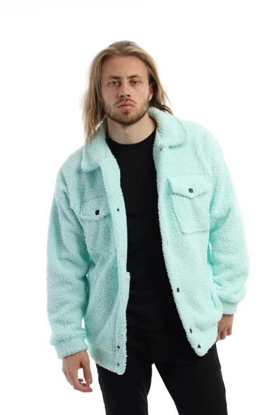 Erkek Oversize Çıt Çıt Kapamalı Cepli Mint Peluş Ceket - 6