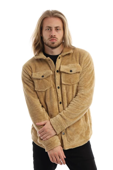 Erkek Oversize Çıt Çıt Kapamalı Cepli Peluş Kahverengi Ceket - 2