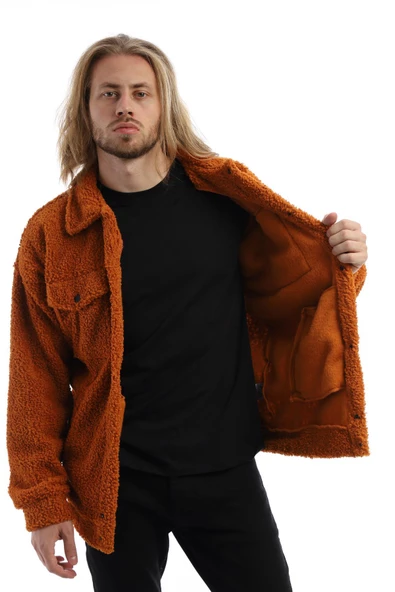 Erkek Oversize Çıt Çıt Kapamalı Cepli Tarçın Peluş Ceket - 8