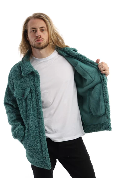 Erkek Oversize Çıt Çıt Kapamalı Cepli Petrol Peluş Ceket - 10