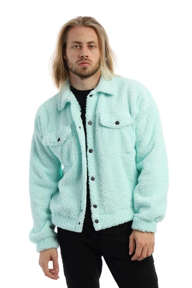 Erkek Oversize Çıt Çıt Kapamalı Cepli Mint Peluş Ceket - 8